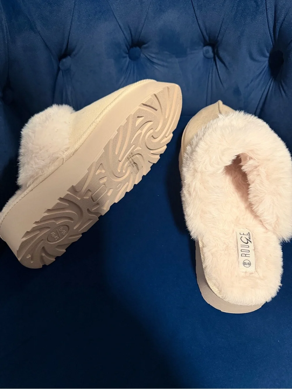 Rouge Cozy Faux-Fur Slip-On Platform Slippers in Cream